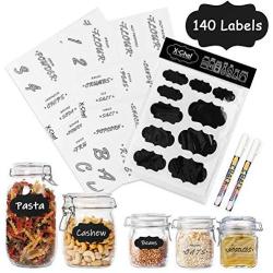 X-Chef 140 Kitchen Pantry Labels, 10x10 Black Chalkboard Stickers and 2x20 Clear Preprinted Pantry Labels with 2 Erasable Chalk Markers White for Kitchen Food Storage Container Spice Jars Canisters