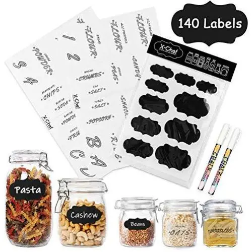 X-Chef 140 Kitchen Pantry Labels, 10x10 Black Chalkboard Stickers and 2x20 Clear Preprinted Pantry Labels with 2 Erasable Chalk Markers White for Kitchen Food Storage Container Spice Jars Canisters X-Chef 140 Kitchen Pantry Labels, 10x10 Black Chalkboard Stickers and 2x20 Clear Preprinted Pantry Labels with 2 Erasable Chalk Markers White for Kitchen Food Storage Container Spice Jars Canisters