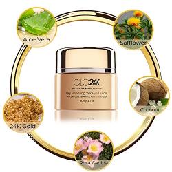 GLO24K Eye Cream with 24k Gold, Hyaluronic Acid, Rosehip Oil, and Vitamins. Minimizes wrinkles and fine-lines around the eyes.