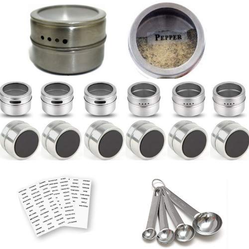 12 Magnetic Spice Containers Tins Stainless Steel for Fridge Jars Set Kitchen Organizer Clear Top Lids Sift or Pour Spice Storage & Arts & Craft Storage, 4 Measuring Spoons 96 Jar Labels, Metal Plates