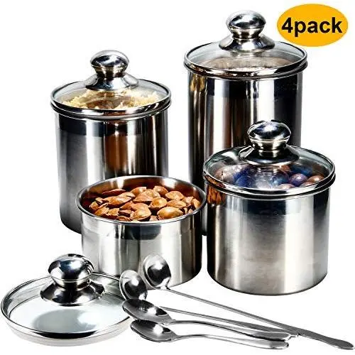 Woaiwo-q Lebensmittelbehälter Set, 4-teilig aus Edelstahl mit klaren Glasdeckeln und Messlöffeln, für die Küchenarbeitsfläche, Kaffee, Tee, Nüsse, Zucker, Mehl