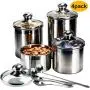 Woaiwo-q Lebensmittelbehälter Set, 4-teilig aus Edelstahl mit klaren Glasdeckeln und Messlöffeln, für die Küchenarbeitsfläche, Kaffee, Tee, Nüsse, Zucker, Mehl