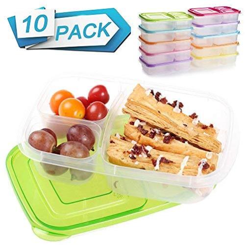 Meal Prep Containers 3 Compartment 10 Pack Food Prep Containers with Lids Portion Control Reauable Freezer Food Storage Plastic Salad Stackable Bento Lunch Box, Microwave, Dishwasher Safe