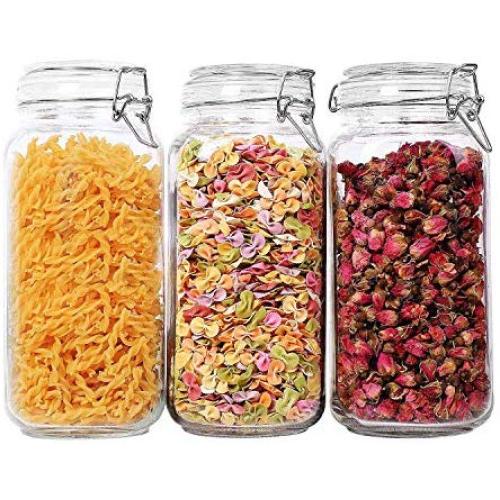 ComSaf Airtight Glass Canister Set of 3 with Lids 78oz Food Storage Jar Square - Storage Container with Clear Preserving Seal Wire Clip Fastening for Kitchen Canning Cereal,Pasta,Sugar,Beans,Spice