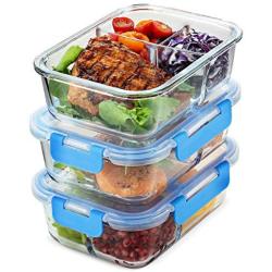 Glass Meal Prep Containers 3-Compartment - 3-Pack 32 Oz. Freezer to Oven Safe Airtight Food Storage Container Set with Hinged Locking Lids BPA Free, Great On the Go Portion Control Lunch Containers