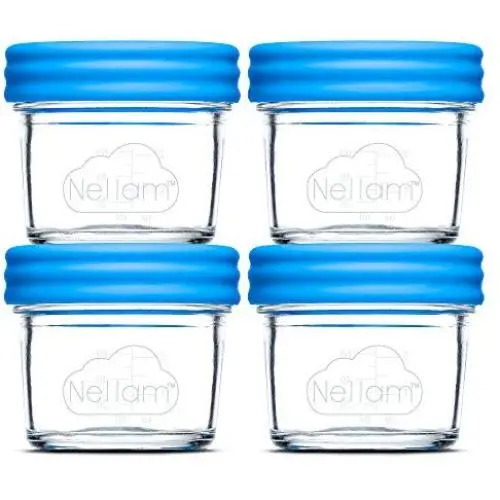 Nellam Baby Food Storage Containers - Leakproof, Airtight, Glass Jars for Freezing & Homemade Babyfood Prep - Reusable, BPA Free, 4 x 4oz Set, that is Microwave & Freezer Safe Nellam Baby Food Storage Containers - Leakproof, Airtight, Glass Jars for Freezing & Homemade Babyfood Prep - Reusable, BPA Free, 4 x 4oz Set, that is Microwave & Freezer Safe