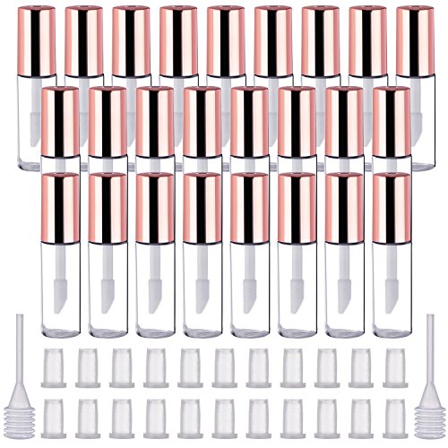 Pangda 25 Pack 1.2 mL Empty Lip Gloss Tubes Containers, Clear Mini Refillable Lip Balm Bottles with Rubber Inserts and Transfer Pipettes for Lip Samples Travel Split Charging DIY Makeup (Rose Gold)