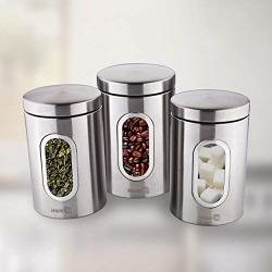 Homiu Coffee Sugar and Tea Window Canisters Set of 3 Silver