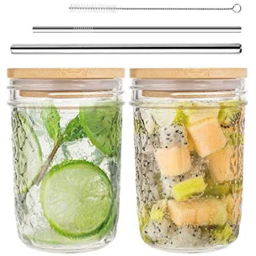 Wide Mouth Mason Jar Lids, Mason Jar Drinking Glasses With Diamond-Shaped Texture 16 OZ, Set of 2 Mason Jar Cups with Lids and Straws, for Jam, Juices, Honey, Cocktail, DIY Magnetic Spice Jars