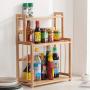Agelloc 3 Tier Bamboo Kitchen Spice Rack Countertop Standing Spice Shelf Removable Seasoning Organizer Jars Bottle Storage Knife Utensils Holder Easy Assembly US Shipping