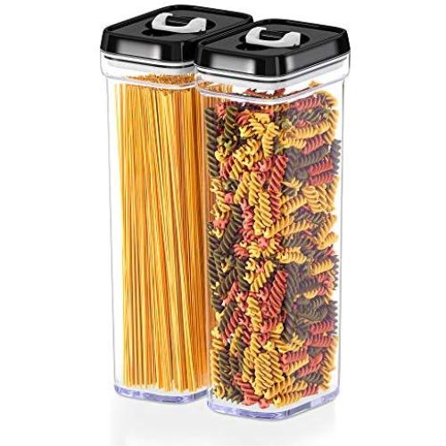 DW?LLZA KITCHEN Airtight Food Storage Containers with Lids ? Same Size 2 Piece Set - Tall Air Tight Pantry & Kitchen Clear Container for Spaghetti Noodle and Pasta - Keeps it Fresh & Dry (Black Lid)