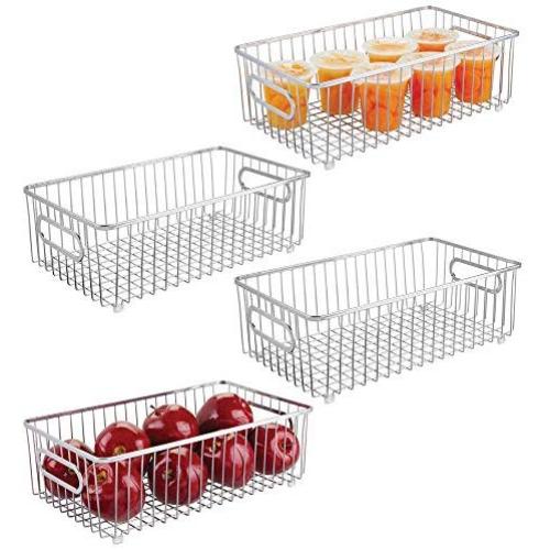 mDesign Metal Farmhouse Kitchen Pantry Food Storage Organizer Basket Bin - Wire Grid Design for Cabinet, Cupboard, Shelf, Countertop - Holds Potatoes, Onions, Fruit - Large, 4 Pack - Chrome