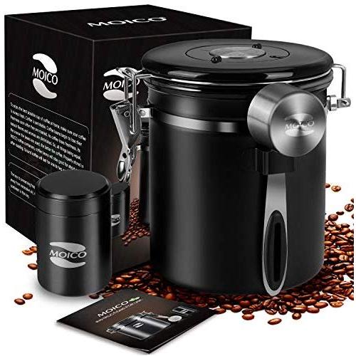 Coffee Container MOICO Coffee Stainless Steel Container-One Way Co2 Valve Airtight Coffee Canister with Coffee Scoop ＆ Travel Jar(Black,16oz+0.65oz)