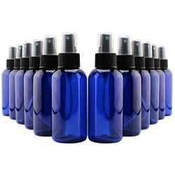 4oz Blue PLASTIC Fine Mist Spray Bottles (12-Pack w/ Black Sprayers); BPA-Free Plastic Spritzer Bottles, Labels Included; PET #1 Plastic Bottles