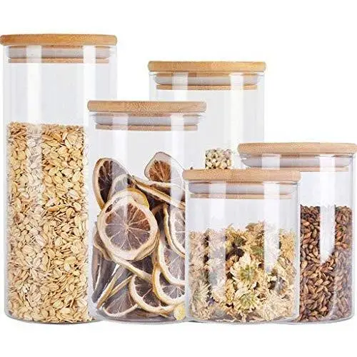 Bocal de Conservation Alimentaire 5 Pièces, Verre avec Bouchon en Bambou Étanché - Design Moderne, Pot de Conservation Transparent pour Thé, Café, Épices et Plus.