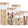 Bocal de Conservation Alimentaire 5 Pièces, Verre avec Bouchon en Bambou Étanché - Design Moderne, Pot de Conservation Transparent pour Thé, Café, Épices et Plus.