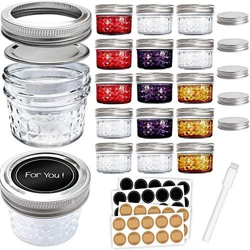 Mini Mason Gläser 4 oz – Kleine Glasbehälter mit Deckeln – 15er Pack mit Etiketten – Klare Glasbehälter für Overnight Oats, Joghurt, Gewürze, Honig und Konservierungsbedarf