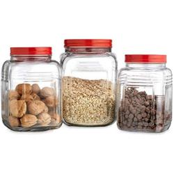 HC Homephile glass Canister/Jar with Red Screw Lidx2022; Use As Storage - Flour - Sugar - Cookies Canisterx2022; Wide Mouth/Square Shape/Set of 3