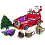 Fine Ceramic Christmas Santa Claus with Teddy Bear Driving Car Cookie Jar with 2 Covered Cups and 2 Christmas Tree Shaped Plates Serving Set, 17-1/2" L (Candies NOT Included)