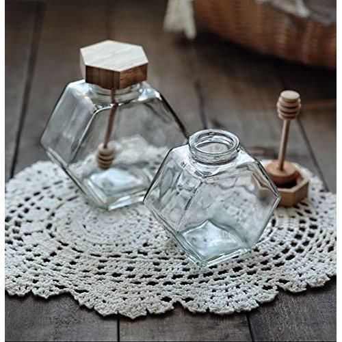 Liitrton Hexagon Shape Honey Pot Jar with Dipper Heat-Resistant Glass Storage Container for Home Kitchen (S)