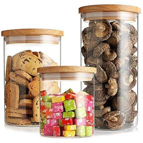 Borosilicate Glass Food Storage Jar with Airtight Seal Bamboo Lid by Lijuan Qin, 3 Pack Kitchen Food Tank Container for Serving Tea, Coffee, Spice, Sugar