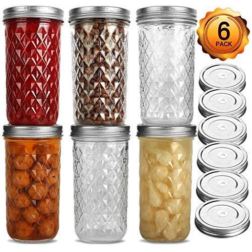 Wide Mouth Mason Jars 22 oz, VERONES 22 OZ Mason Jars Canning Jars Jelly Jars With Wide Mouth Lids, Ideal for Jam, Honey, Wedding Favors, Shower Favors, Baby Foods, 6 PACK,EXTRA 6 Lids with Straw Hole