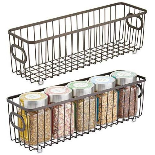 mDesign Metall Farmhouse Küchenspeicher Lebensmittel Organizer Körbe Behälter – Drahtgitter Design – Für Schränke, Regale, Arbeitsflächen – Für Kartoffeln, Zwiebeln, Obst – Lang, 2er Set – Bronze