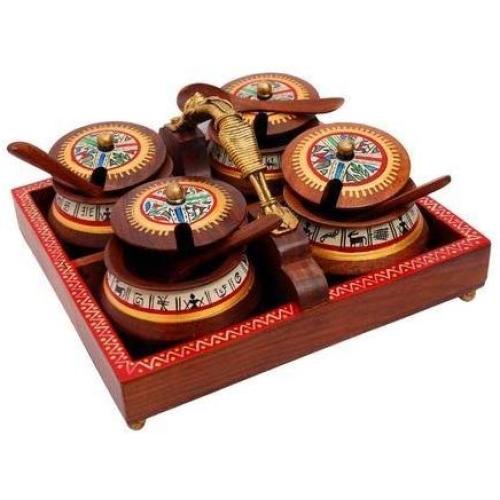 Traditional Design Wooden, Partitioned Tray & Warli Painted, Wooden Handis/Jar Container Jar Serving Pot