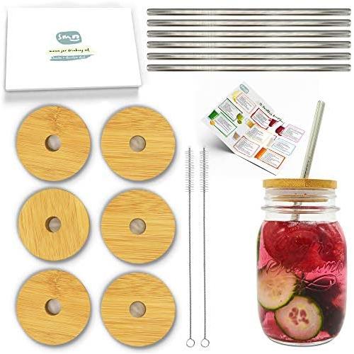 6 Pack Mason Jar Bamboo Lids and Stainless Steel Straw Set. Fits Regular Mouth Ball Mason Jars. By SMOO