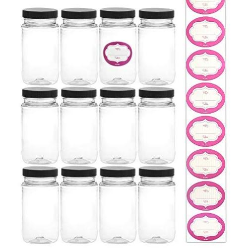 8 Ounce Tall Clear Empty Plastic Jars with Screw-on Lids & Labels - 12 Pack BPA Free Airtight Containers - Food Grade Refillable Holder - Ideal for Kitchen Storage, Candy, Crafts, Beauty & Cosmetic