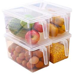 HOMELUNY Pack of 4 Refrigerator Crisper Storage Box with Handle Food Kitchen Clear Storage Jars for Candy, Cookie, Rice, Sugar,Flour,Snacks Keeping Food Dry & Fresh