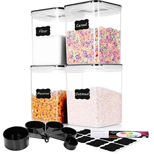 ME.FAN LARGE Food Storage Containers [Set of 4] Airtight Storage Keeper 5.2L(175.9oz) with 5 Set Measuring Cups 24 Chalkboard labels & Pen Ideal for Sugar, Flour, Baking Supplies - Black Lids