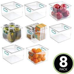 mDesign Plastic Food Storage Container Bin with Handles for Kitchen, Pantry, Cabinet, Fridge/Freezer - Cube Organizer for Snacks, Produce, Vegetables, Pasta - BPA Free, Food Safe - 8 Pack, Clear/Blue