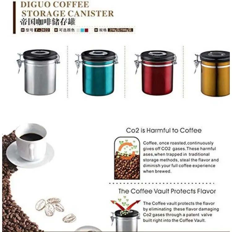 Diguo Coffee Container Airtight for Whole Beans Stainless Steel Black 16 oz