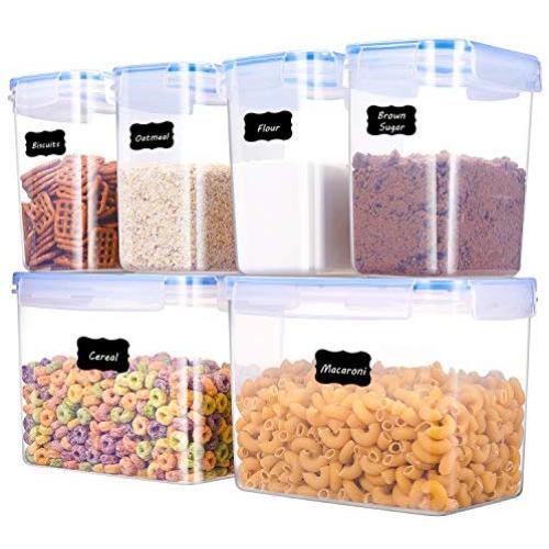 ME.FAN Food Storage Containers [Set of 6] Airtight Storage Keeper 3.6L(121.8oz)-1.6L(54.1oz) with 24 FREE Chalkboard labels Ideal for Sugar, Flour, Baking Supplies - Clear Plastic with Blue Lids