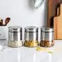 Brushed Stainless Steel and Glass Canister with Airtight Lid, 5.5"H & 24OZ Set of 3 Brushed Stainless Steel and Glass Canister with Airtight Lid, 5.5"H & 24OZ Set of 3