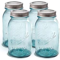 Ball Aqua Canning Jars 32 oz Regular Mouth - Set of 4 Vintage Mason Jars Aqua-colored glass with Airtight lids & Bands - DIY crafts & Decor - Safe For Canning, Pickling, Storage + SEWANTA Jar Opener