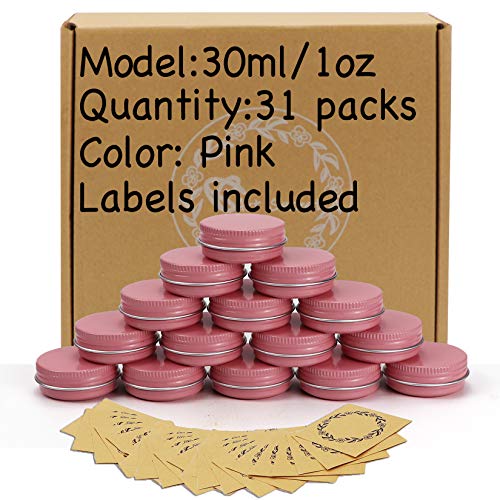 31pcs 1oz/30ml Pink Aluminum Tin Jar with Screw Lid and Blank Labels