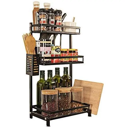 Gewürzregal, 3-stufiger Metallschrank, Gewürz-Hänge-Regal für Küche, Gewürzglas-Behälter-Regalhalter, Regaleinheit, Badezimmer-Regal – platzsparend, Schwarz