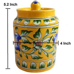 Handmade Ceramic Jar Container 500 ml Ceramic Achar Barni Blue Pottery Art Yellow Color Decorative Ceramic Kitchen Storage Container with Lid Use for Storage Nuts/Snacks/Spices/Pickles/Dessert