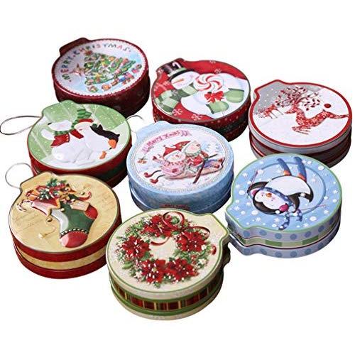 Amosfun 8PCS Christmas Tin Box Round Candy Cookie Tins Boxes for Xmas Party Gift