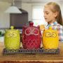 Kitchen Canister Set & Metal Tray- Ceramic Canister Set with Base- Earthenware Owl Design Kitchen Canister- Chef Deluxe Kitchen Canister