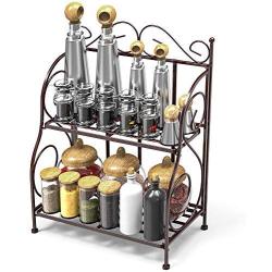 Spice Rack, iSPECLE 2-Tier Foldable Shelf Rack Kitchen Bathroom Countertop, 2-Tier Standing Storage Organizer Spice Jars Bottle Shelf Holder Rack -Classic Bronze Coating