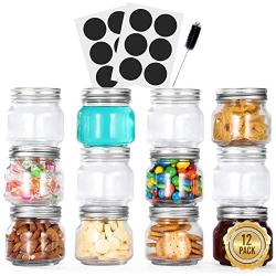 Glotoch Glass Mason Jars 12 Pack, 8 oz. with Regular Mouth Lids and Bands - Ideal for Spices, Canning, Pickling, Preserves, Storage, Crafts, Come with 12 Chalkboard Labels and 1 Brush Included