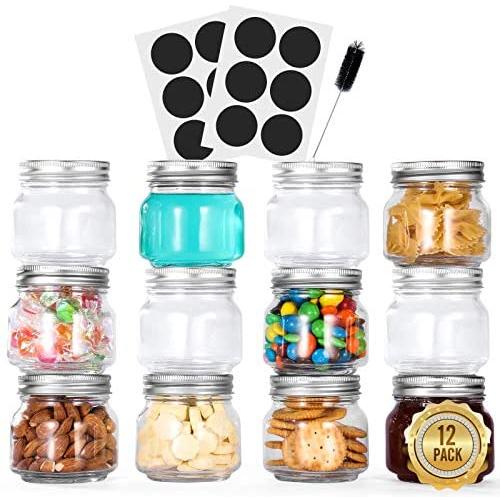 Glotoch Glass Mason Jars 12 Pack, 8 oz. with Regular Mouth Lids and Bands - Ideal for Spices, Canning, Pickling, Preserves, Storage, Crafts, Come with 12 Chalkboard Labels and 1 Brush Included