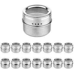 15 Magnetic Spice Tins with Strong Clear Top Lid. Stainless Steel Round Storage Spice Jar, Shake or Pour lid, Magnetic Canisters, Magnetic on Refrigerator and Grill. Set of 15 Tins.