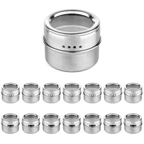 15 Magnetic Spice Tins with Strong Clear Top Lid. Stainless Steel Round Storage Spice Jar, Shake or Pour lid, Magnetic Canisters, Magnetic on Refrigerator and Grill. Set of 15 Tins.