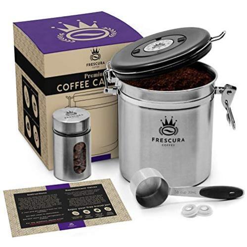 Frescher Kaffeebehälter - Luftdichte Dose für Kaffeebohnen & gemahlenen Kaffee | Frische erhalten | Edelstahl-Behälter mit Datenerfassung, CO2-Ventil, Kaffeelöffel und Reiseglas - Silber