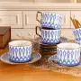 Englischer Porzellan-Kaffeetasse und -Sets mit Espresselöffel, 16-teiliges Set mit Teekanne, Milchkanne, Zuckerbehälter und Aufbewahrungskorb mit Goldrand.