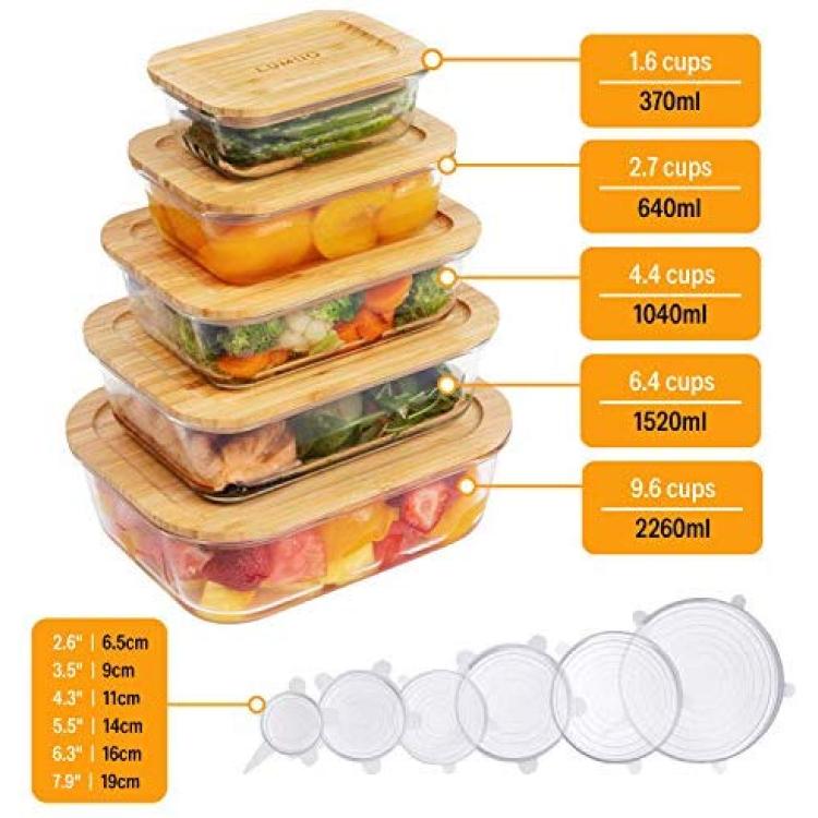 Glass Food Storage Containers with Lids (Bamboo) Set of 5. Bonus 6